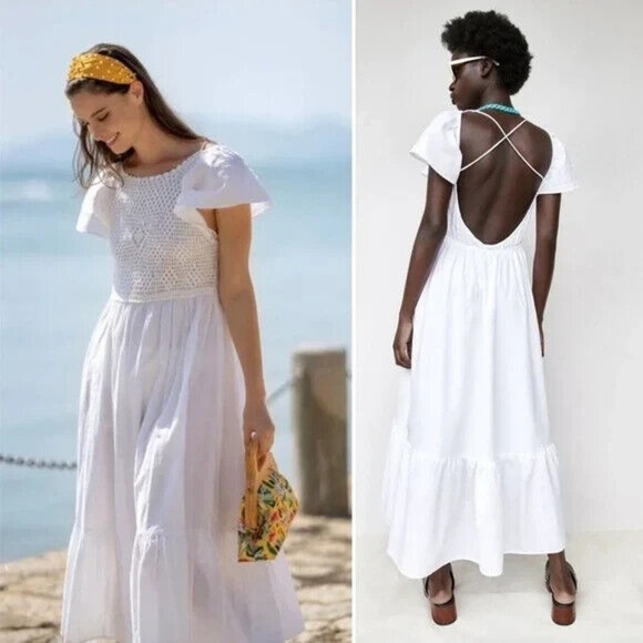 ZARA linen blend crochet Dress Maxi L Cottagecore Open Back coastal Beachy new - Picture 1 of 12